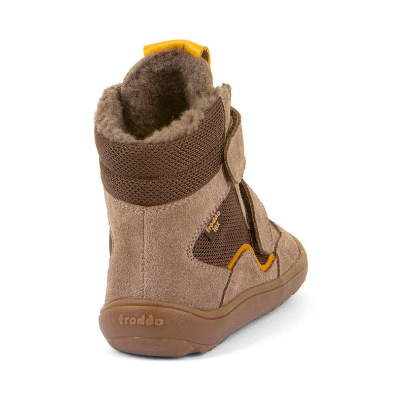 Froddo Kids Barefoot Tex Winter Waterproof Boot - Beige, angled view showing outer side and rear.