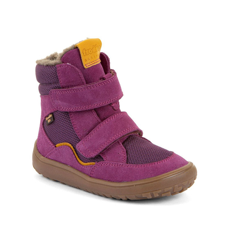 Froddo Kids Barefoot Tex Winter Waterproof Boot - Cyclamen, angled view showing outer side and front.
