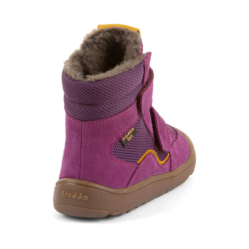 Froddo Kids Barefoot Tex Winter Waterproof Boot - Cyclamen, angled view showing outer side and rear.