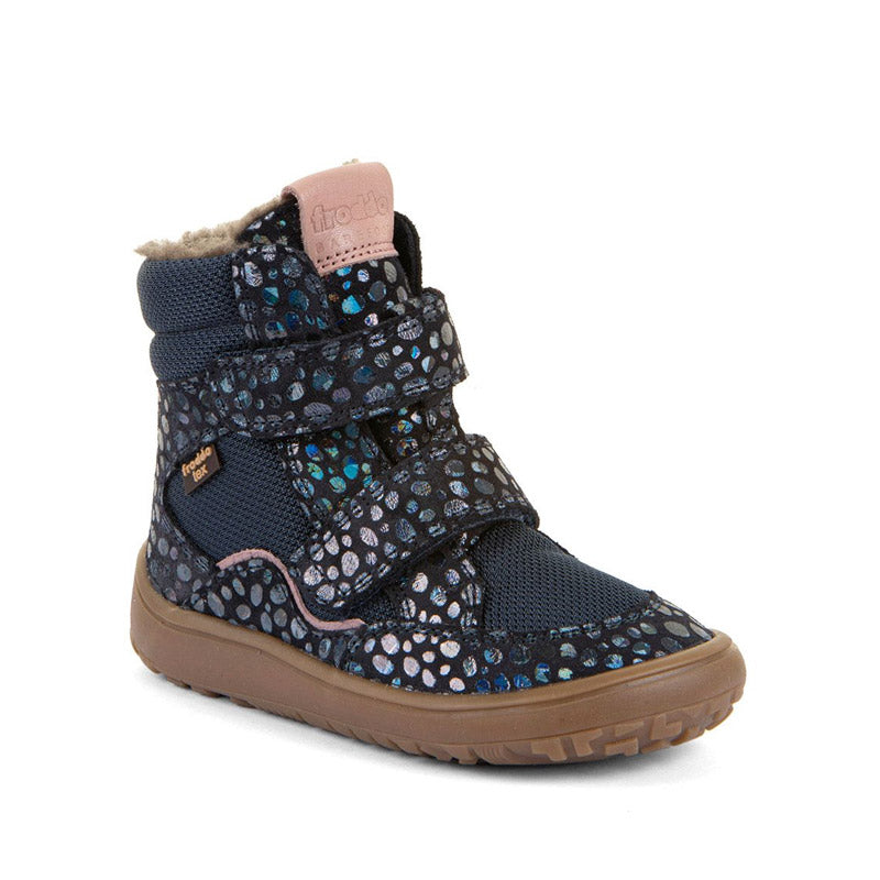 Froddo Kids Barefoot Tex Winter Waterproof Boot - Blue, angled view showing outer side and front.