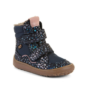Froddo Kids Barefoot Tex Winter Waterproof Boot - Blue, angled view showing outer side and front.