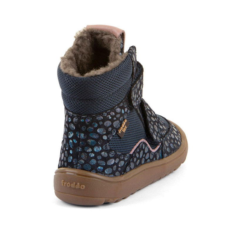 Froddo Kids Barefoot Tex Winter Waterproof Boot - Blue, angled view showing outer side and rear.