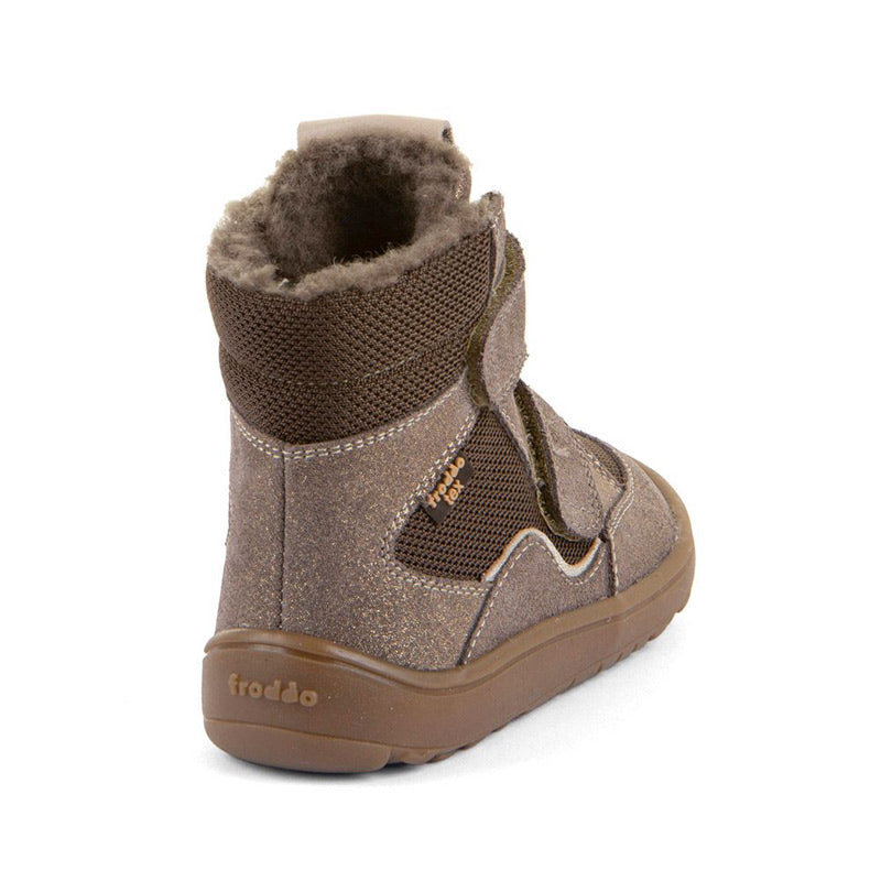 Froddo Kids Barefoot Tex Winter Waterproof Boot - Bronze, angled view showing outer side and rear.