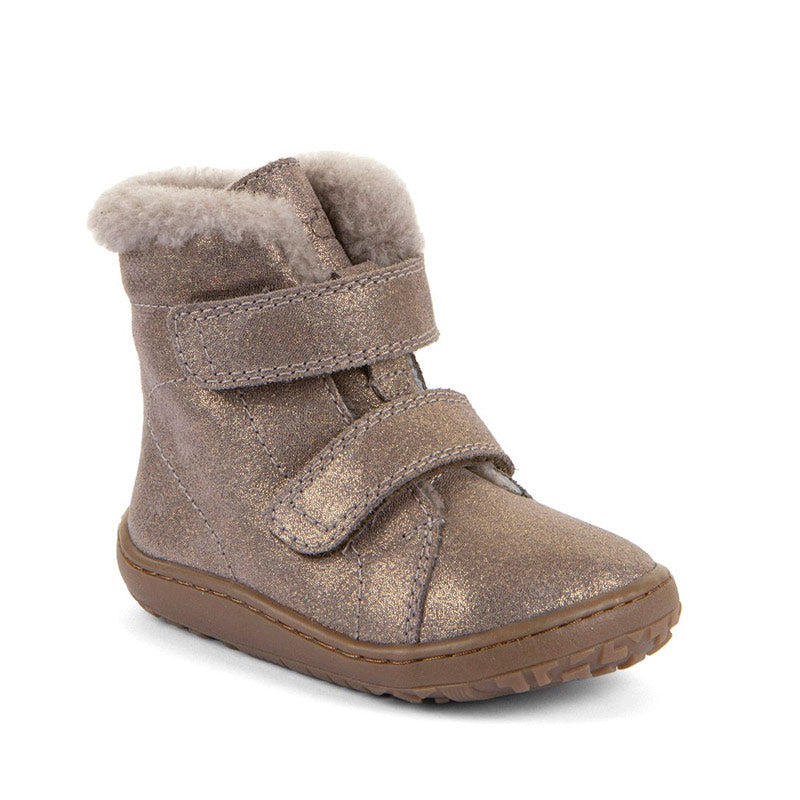 Froddo Kids Barefoot Winter Furry Boot - Bronze, angled view showing outer side and front.