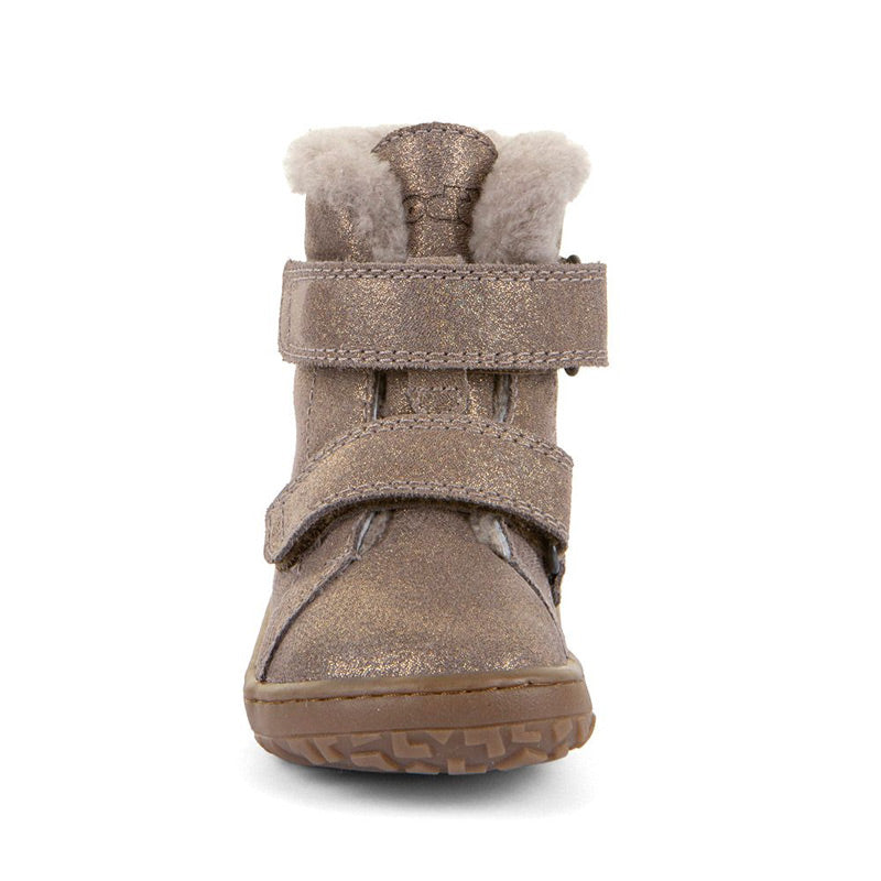 Froddo Kids Barefoot Winter Furry Boot - Bronze, front view.
