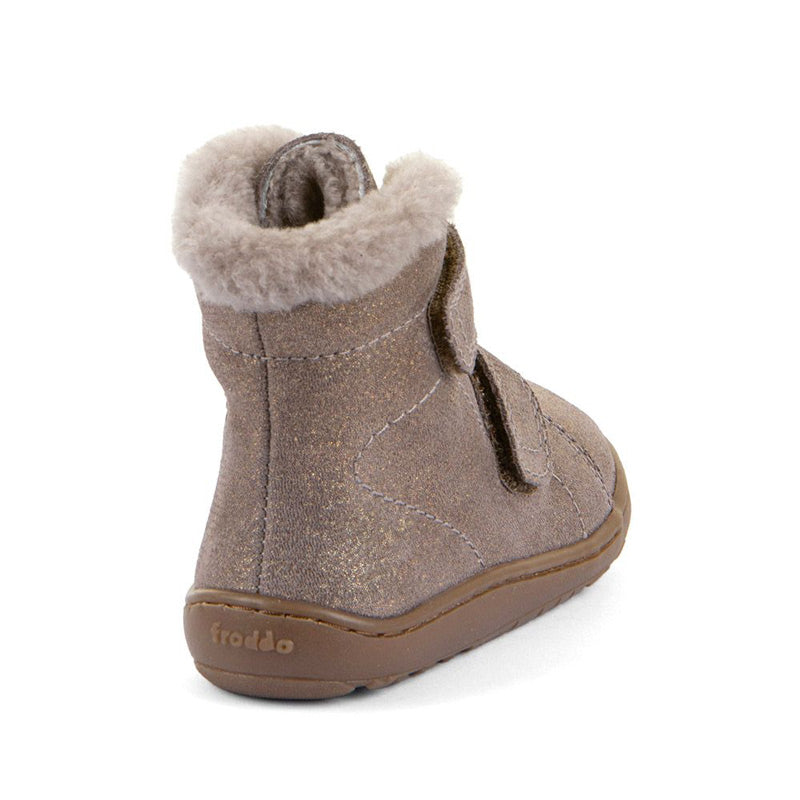 Froddo Kids Barefoot Winter Furry Boot - Bronze, angled view showing outer side and rear.