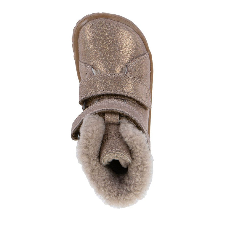 Froddo Kids Barefoot Winter Furry Boot - Bronze, top view.