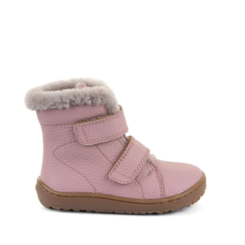 Froddo Kids Barefoot Winter Furry Boot - Pink, outer side view.