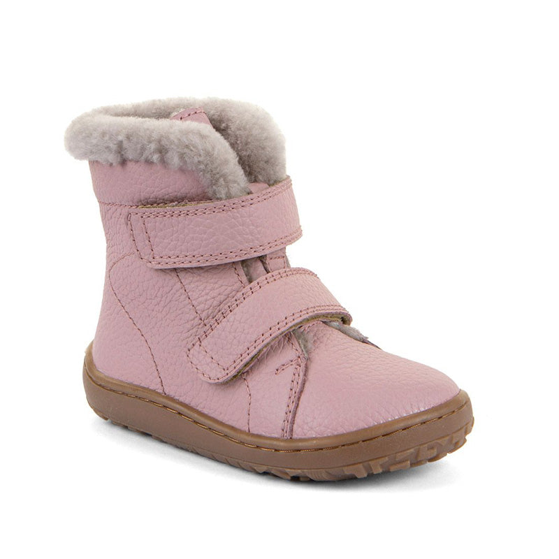 Froddo Kids Barefoot Winter Furry Boot - Pink, angled view showing outer side and front.