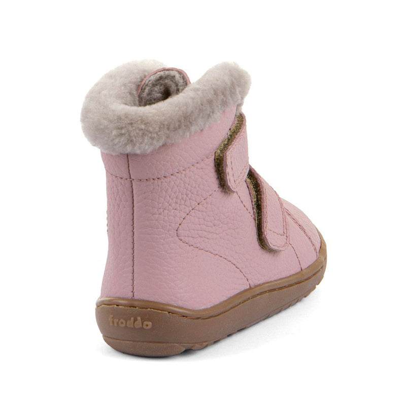 Froddo Kids Barefoot Winter Furry Boot - Pink, angled view showing outer side and rear.