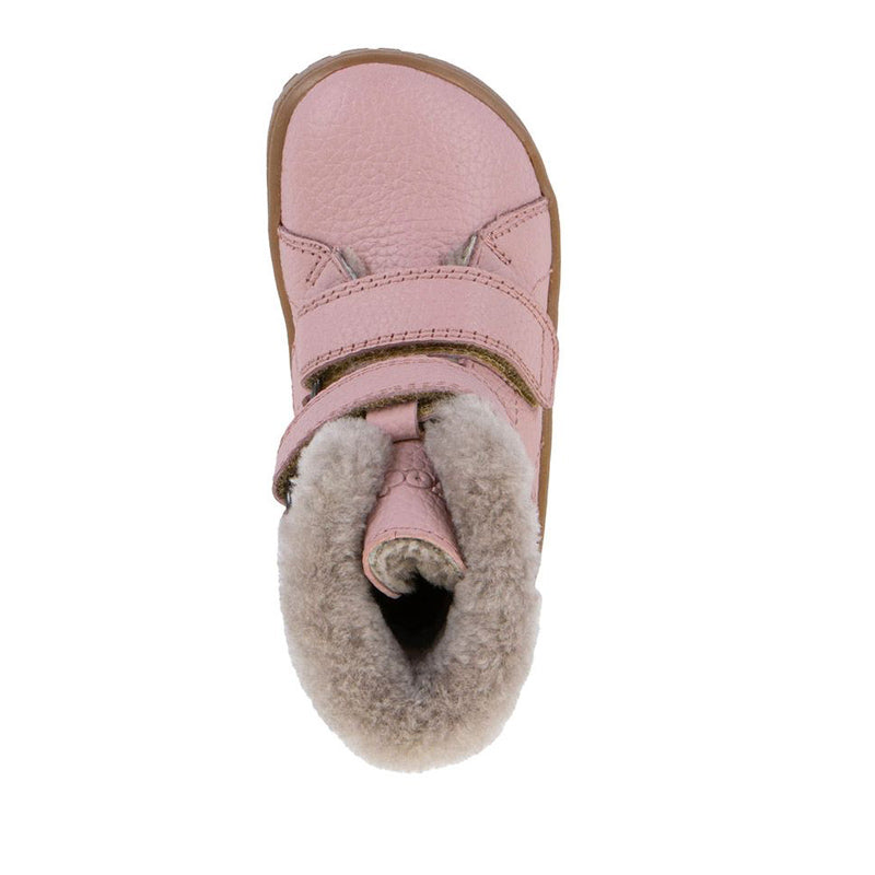 Froddo Kids Barefoot Winter Furry Boot - Pink, top view.