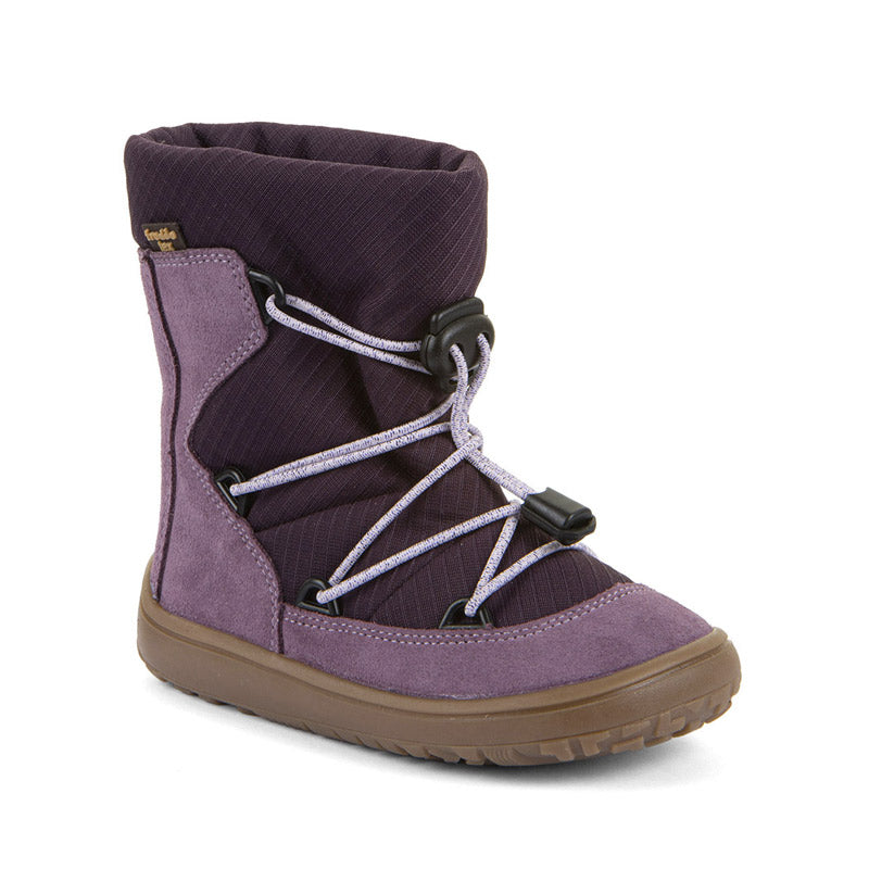 Froddo Kids Barefoot Tex Track Wool Waterproof Boot - Grape Wine, angled view showing outer side and front.