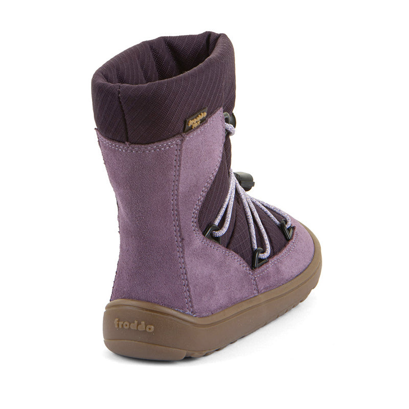 Froddo Kids Barefoot Tex Track Wool Waterproof Boot - Grape Wine, angled view showing outer side and rear.