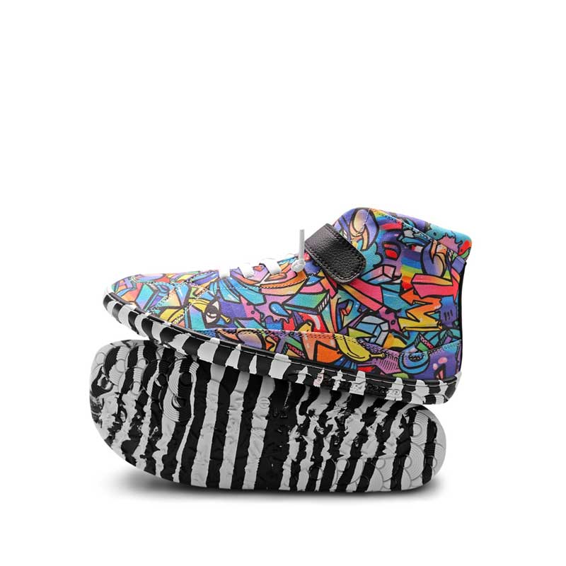 Pair of PaperKrane Kids Boots - Graffiti, one showing the outer side view, the other on it's side showing the sole.