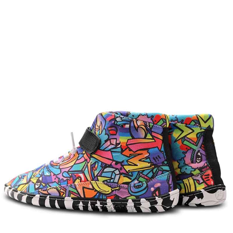 Pair of PaperKrane Kids Boots - Graffiti, angled view showing outer side and rear.