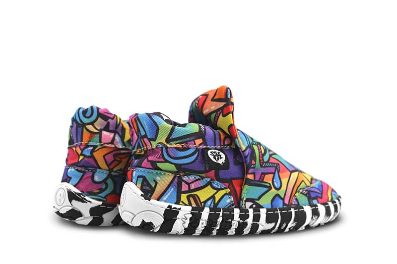 Pair of PaperKrane Kids Shoes - Graffiti, angled view showing outer side and rear.