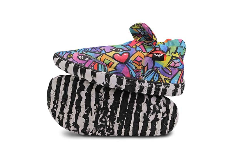 Pair of PaperKrane Kids Shoes - Graffiti, one showing the outer side, one on it's side showing the sole.