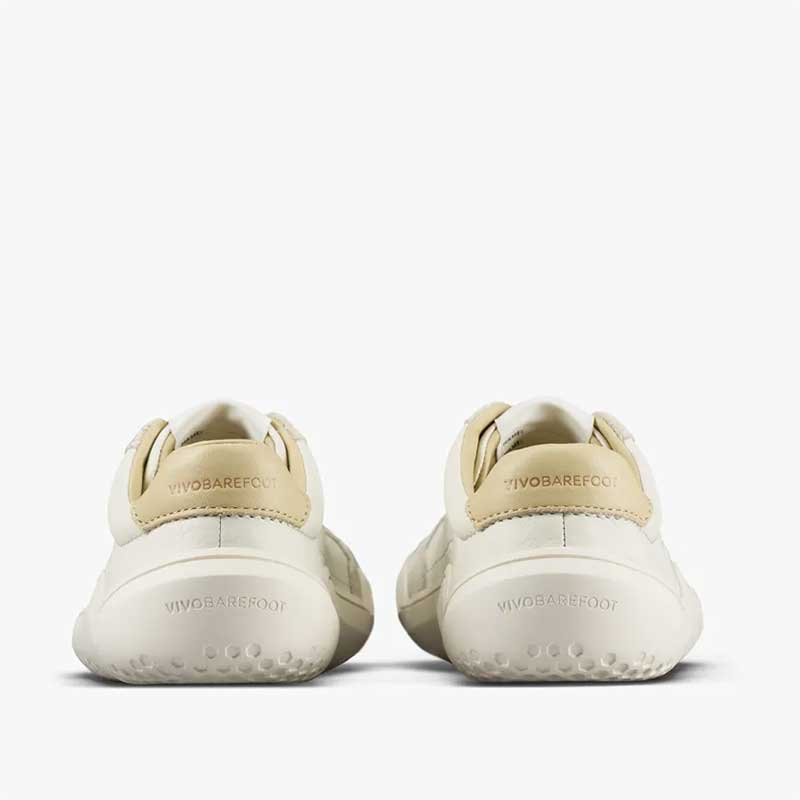 Pair of Vivobarefoot Junior Trainers Gobi - Limestone, rear view.