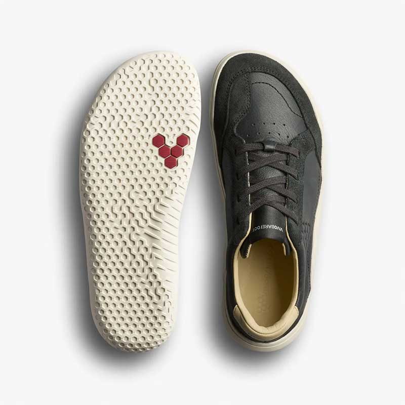 Pair of Vivobarefoot Junior Trainers Gobi - Obsidian, one showing the sole view and the other showing the top view.