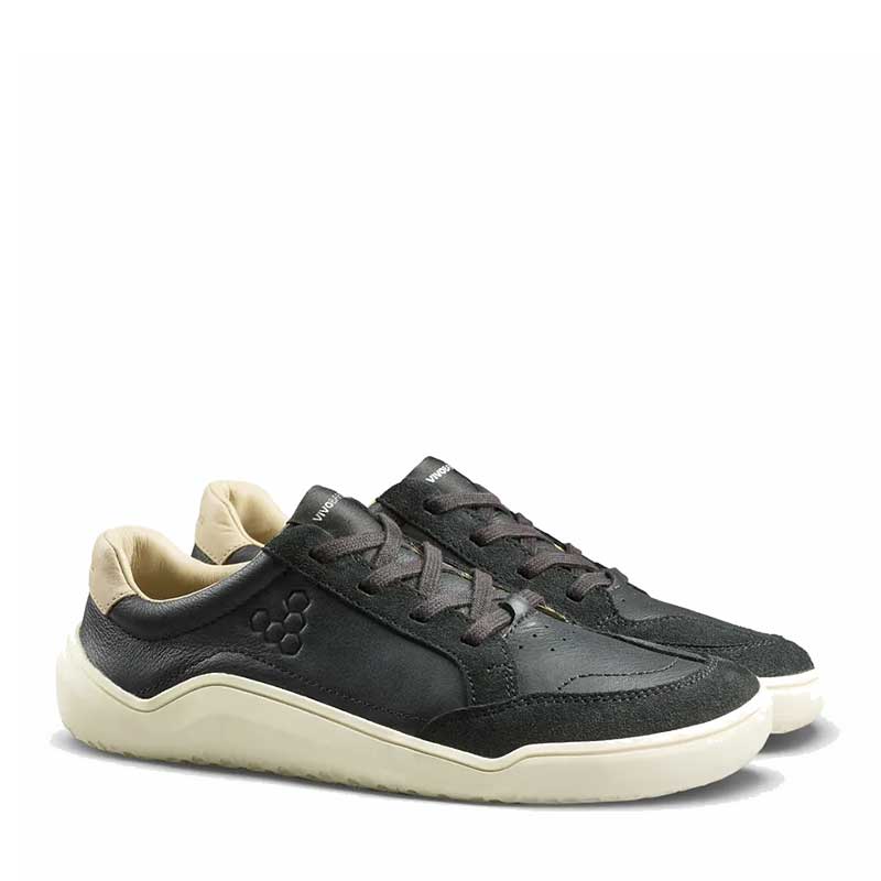 Pair of Vivobarefoot Junior Trainers Gobi - Obsidian, angled view showing outer side and front.