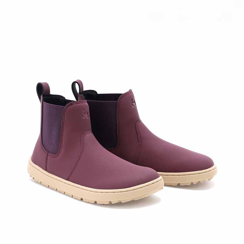 Pair of Be Lenka Kids Boots Halla - Burgundy, angled view showing outer side and front view.