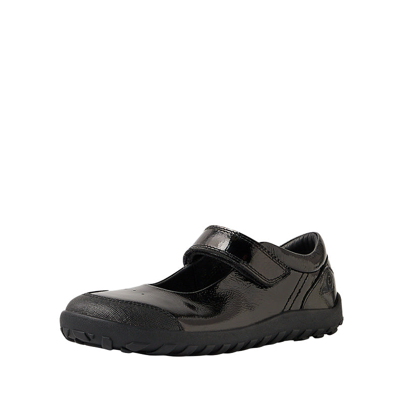 Bobux Alpha Hula Patent School Shoe - Black, angled view showing the outer side and front.