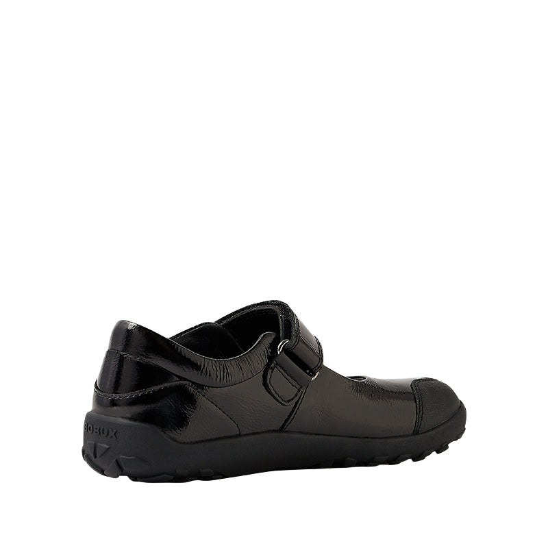 Bobux Alpha Hula Patent School Shoe - Black, angled view showing inner side and rear view.