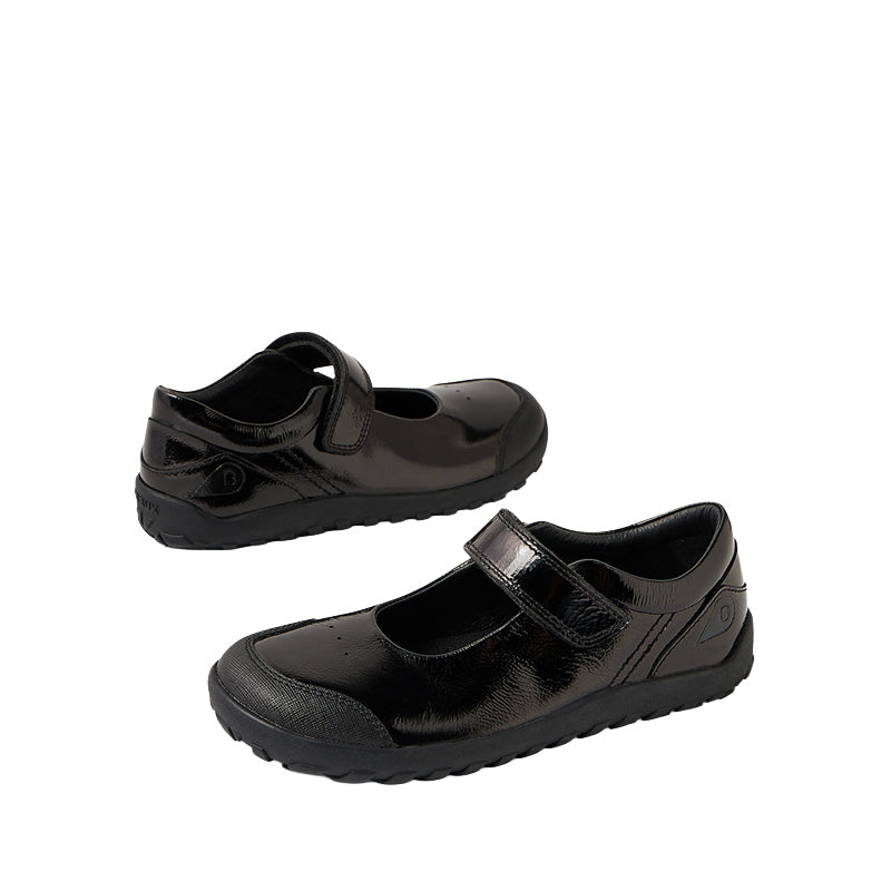 Pair of Bobux Alpha Hula Patent School Shoes - Black, one angled showing the outer side and rear view and the other angled showing the outer side and front view.