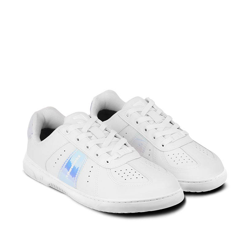 Pair of Be Lenka Adults Barebarics Trainers Icara - White and Pastel Iridescent, angled side view showing outer side, front and laces