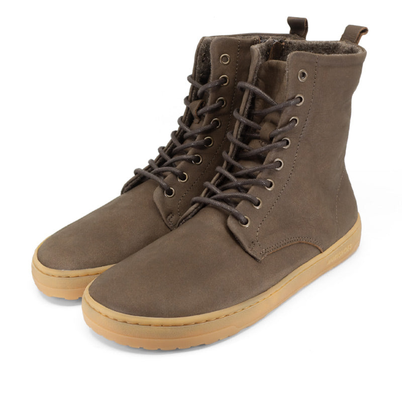 Pair of Mukishoes Igneous Terra Boots - Brown, angled view showing outer side and front.