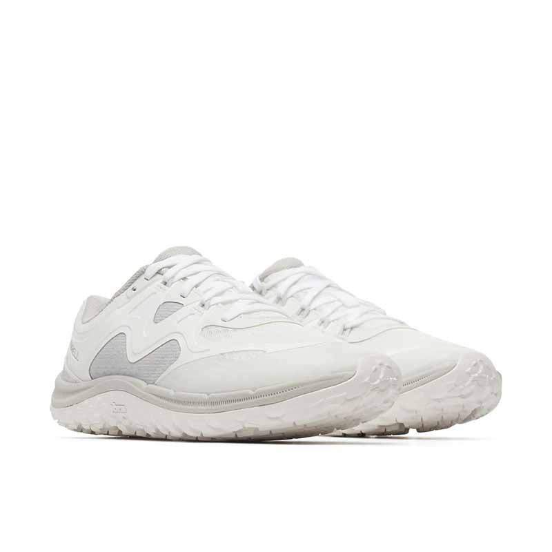 Pair of Merrell Women's Trail Glove 8 Trainers - White, angled view showing outer side and front.