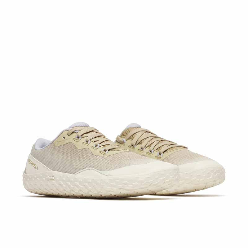 Pair of Merrell Women's Vapor Glove 7 Trainers - Stucco/Casper, angled view showing outer side and front.