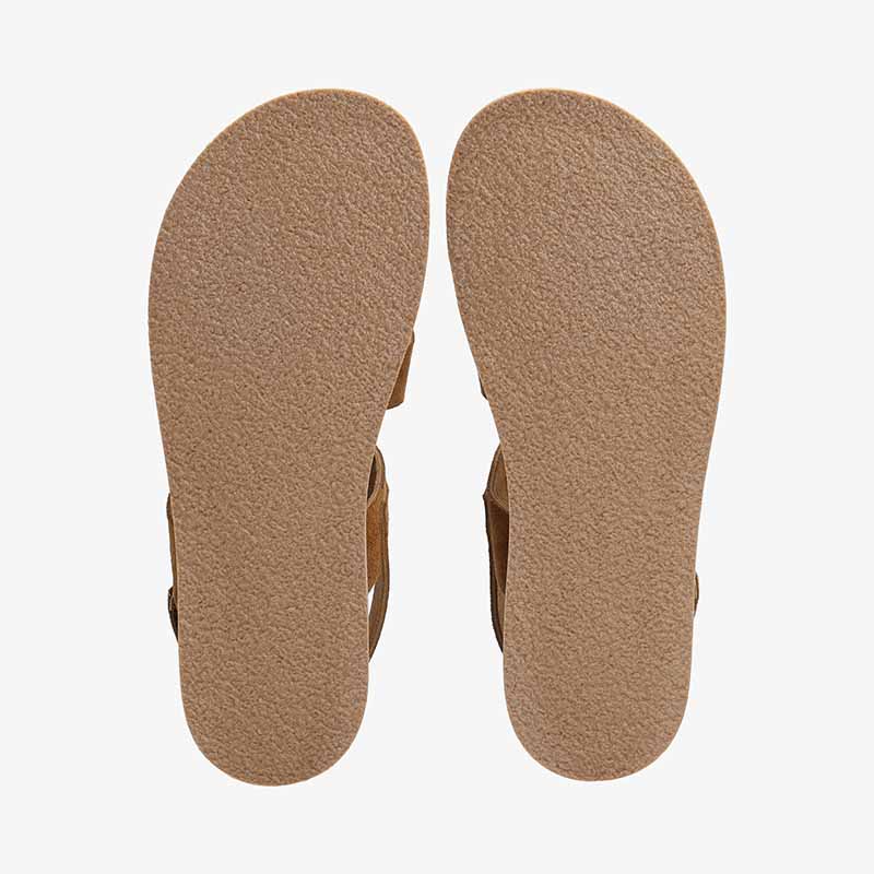 Pair of Groundies Adults Juno Sandals - Caramel, sole view.