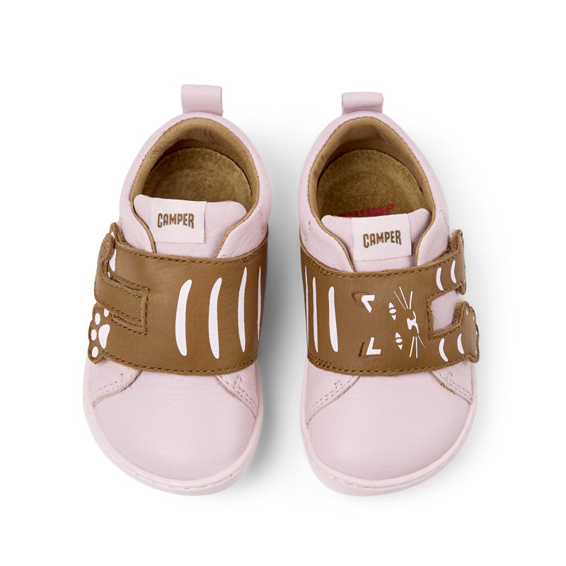 Pair of Camper Kids Peu First Walker Shoes - Pink Cat, top view.