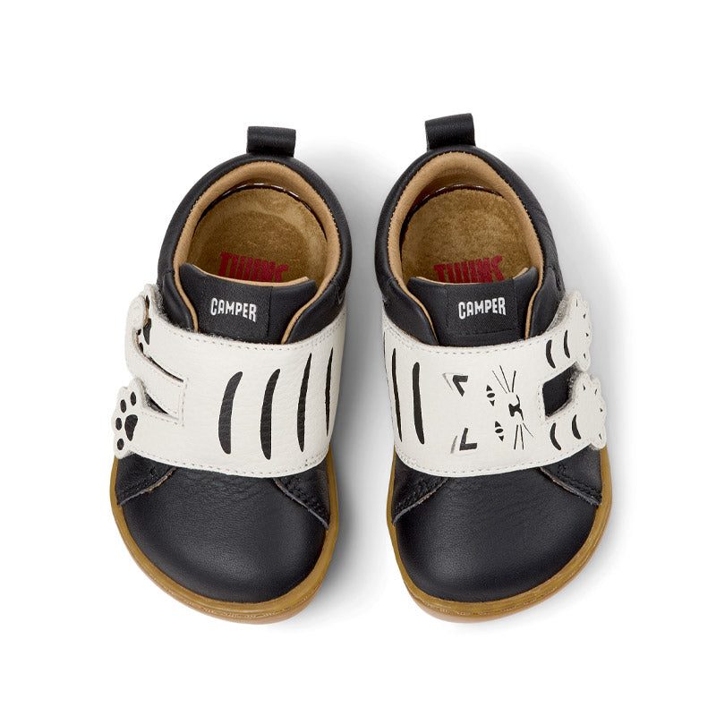 Pair of Camper Kids Peu First Walker Shoes - Black Cat, top view.