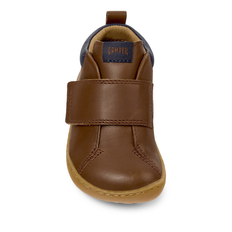 Camper Kids First Walker Peu Leather Ankle Boot - Brown (Navy Trim), front view.