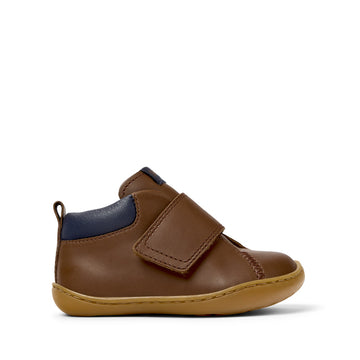 Camper Kids First Walker Peu Leather Ankle Boot - Brown (Navy Trim), outer side view.