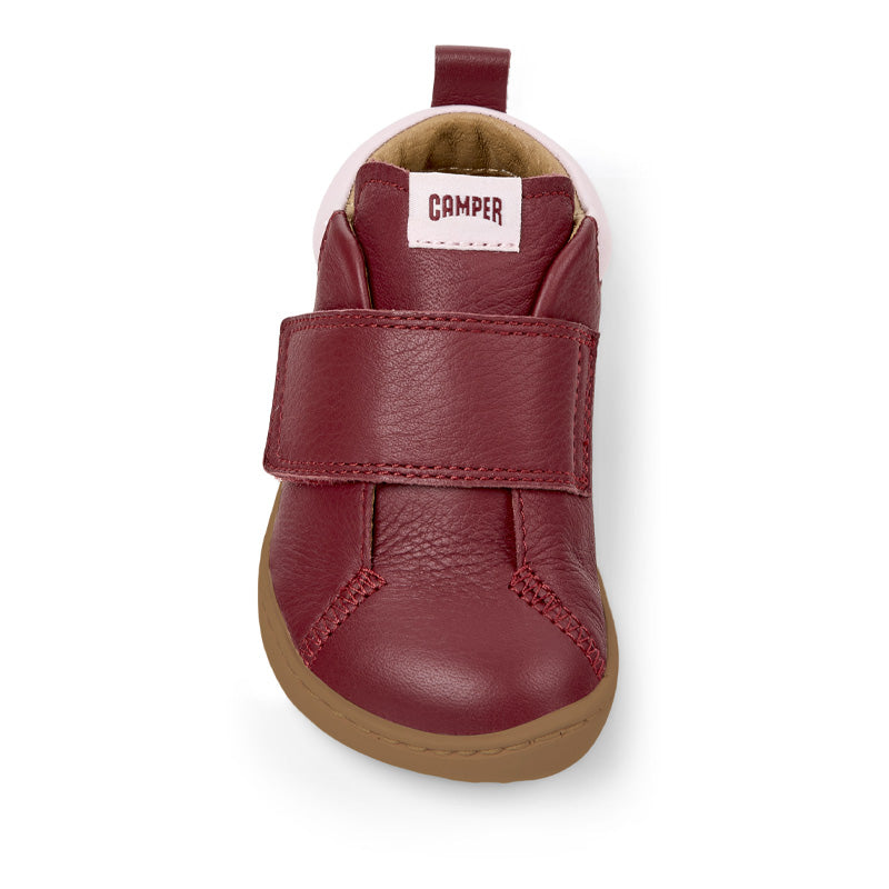 Camper Kids First Walker Peu Leather Ankle Boot - Burgundy, front view.