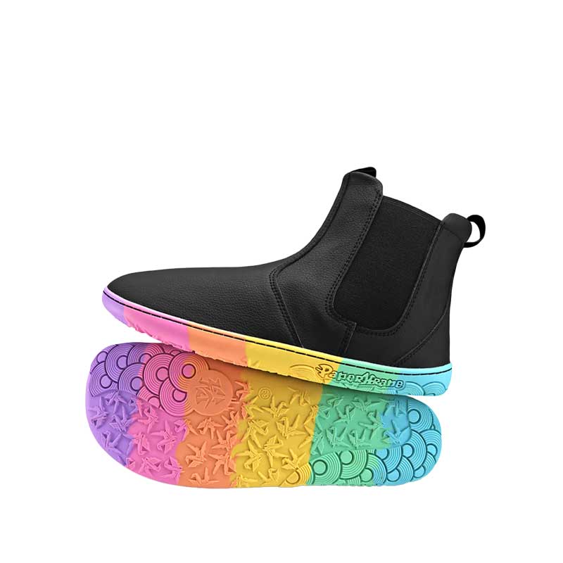 Pair of PaperKrane Kids Chelsea Boots - Kranebow, one boot balanced on top of the other. One showing the outer side view and the other showing the sole view.