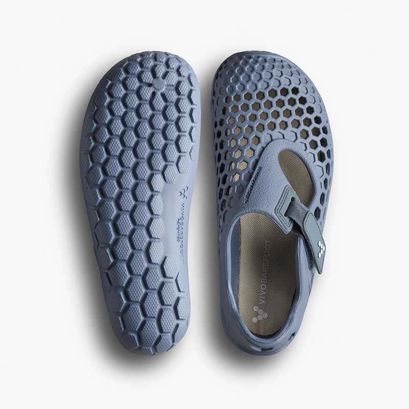 Pair of Vivobarefoot Kids Sandals Ultra II - Flintstone, one showing the sole view and the other showing the top view.