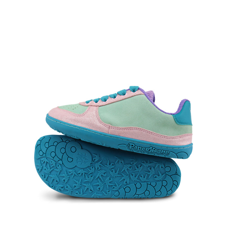 Pair of PaperKrane Kids Low Shoes - Minty, one balanced on top of the other. One showing the outer side view and the other showing the sole view.