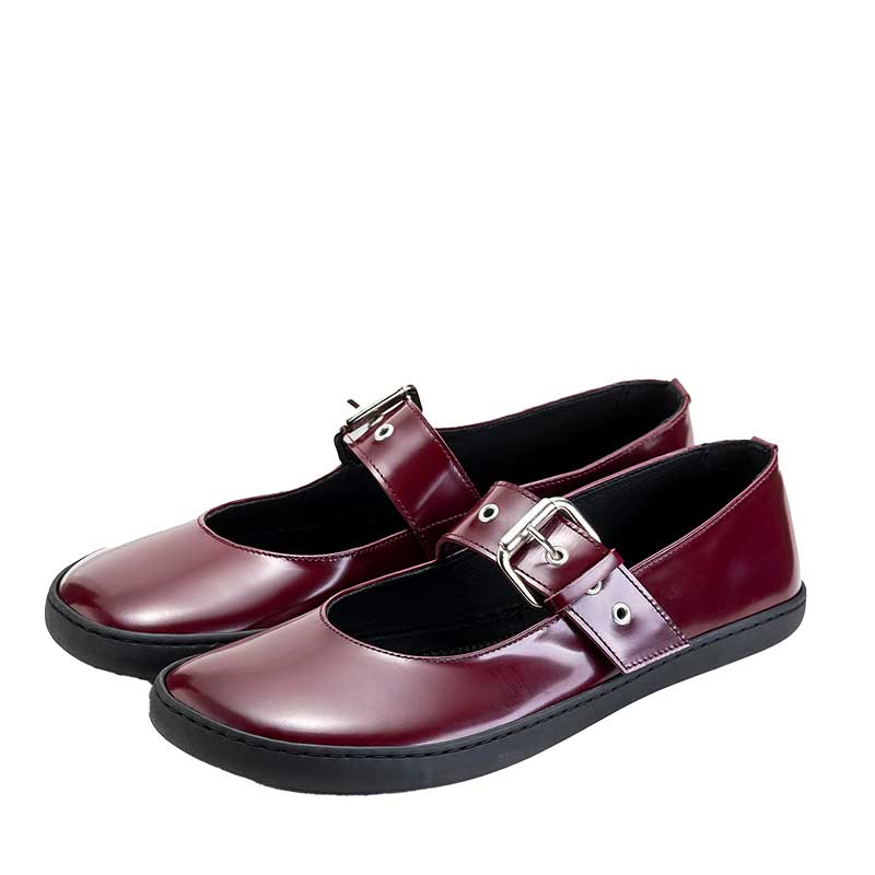 Pair of Shapen Women's Mary Jane Coco Ballerina Shoes - Bordeaux, angled view showing outer side and front.