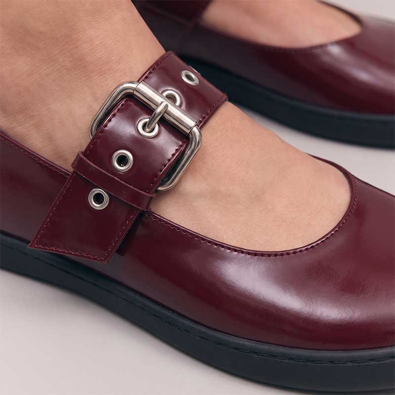 Shapen Women's Mary Jane Coco Ballerina Shoes - Bordeaux, close up of buckle fastening.