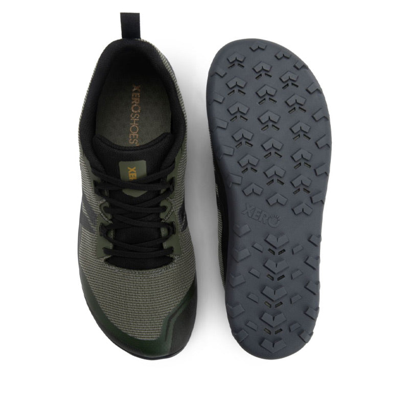 Pair of Xero Men's Trail Shoes Mesa Summit - Army Green, one showing the top view and the other showing the sole view.