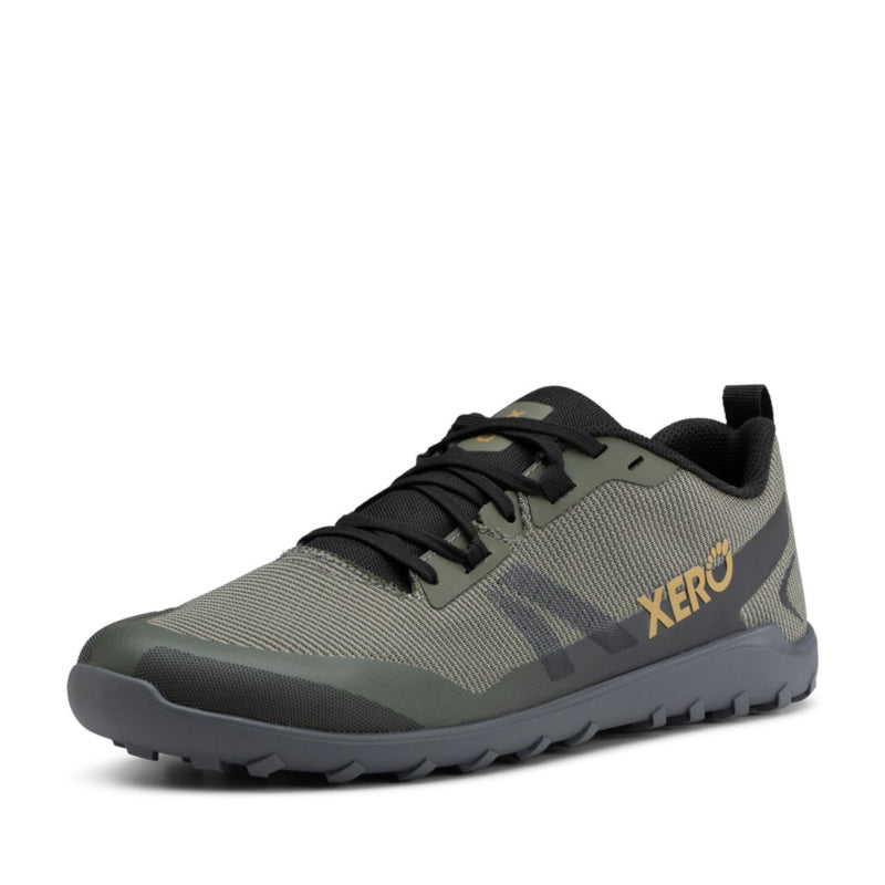 Xero Men's Trail Shoe Mesa Summit - Army Green, angled view showing outer side and front.