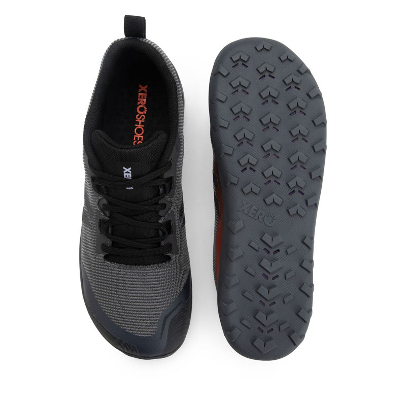 Pair of Xero Women's Trail Shoes Mesa Summit - Asphalt, one showing the top view and the other showing the sole view.