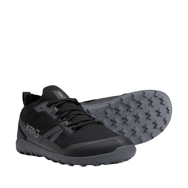 Pair of Xero Men's Waterproof Trail Shoes Mesa Summit - Black, one on its side slightly showing the sole view and the other, angled showing the outer side and front view.