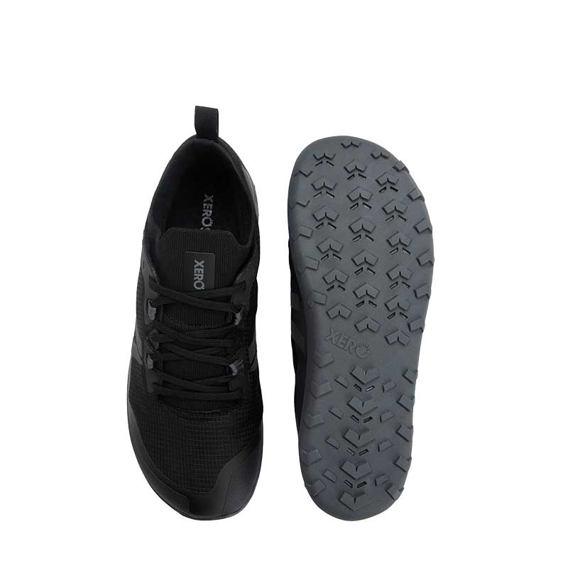Pair of Xero Men's Waterproof Trail Shoes Mesa Summit - Black, one showing the top view and the other showing the sole view.