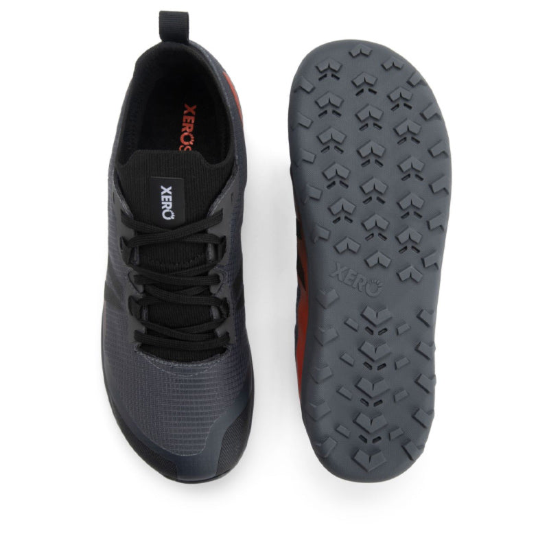 Pair of Xero Women's Waterproof Trail Shoes Mesa Summit - Asphalt, one showing the top view and the other showing the sole view.