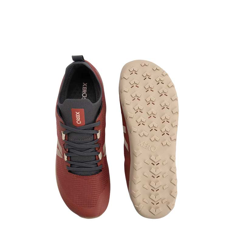Pair of Xero Women's Waterproof Trail Shoes Mesa Summit - Burnt Brick, one showing the top view and the other showing the sole view.